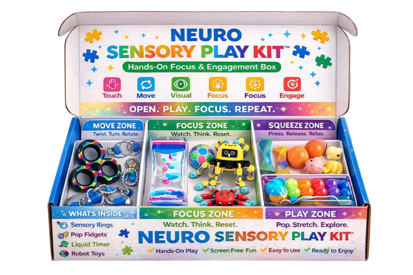 Neuro Sensory Play Kit packaging with colorful toys inside, on a light wooden surface.